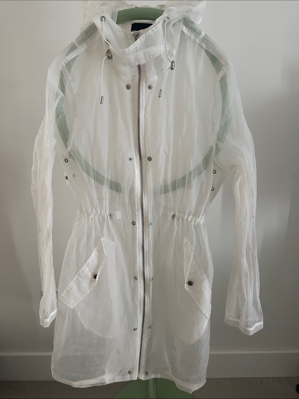 Forever 21 White Sheer Hooded Trench Coat with Mint Trim